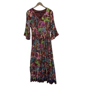 Me 2 Magic Anthropologie Maxi Dress XL Colorful Floral Smocked Flare Sleeve Tier